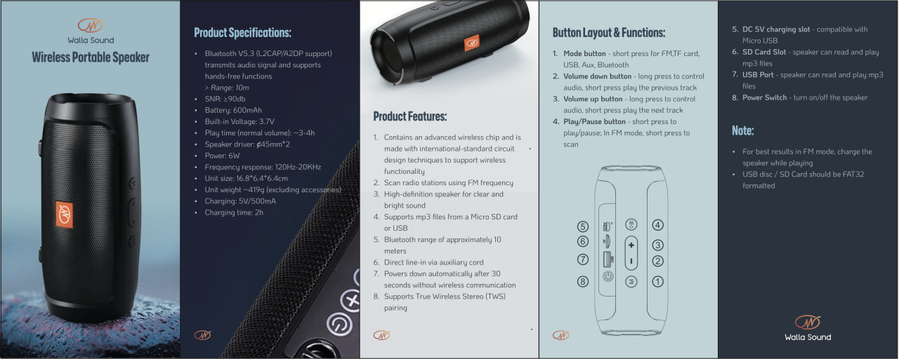 Walla sound bluetooth speaker manual