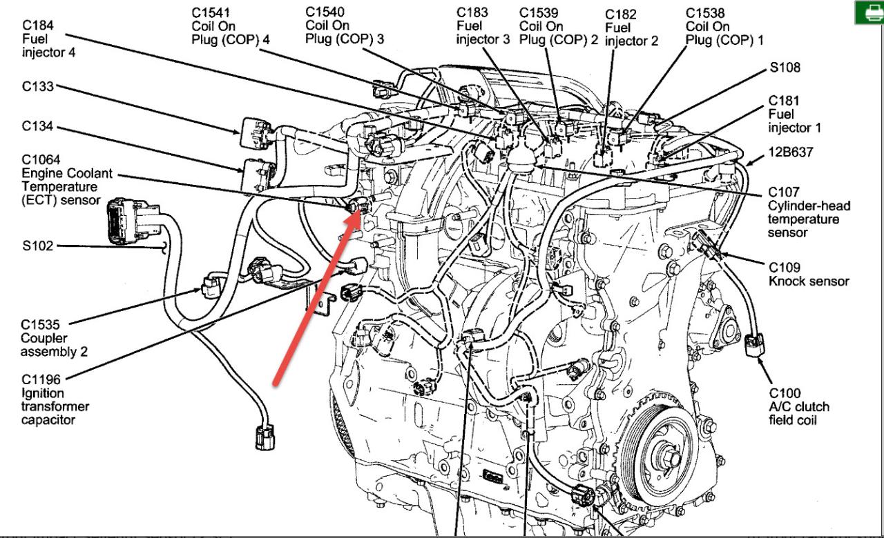Sensor coolant temp located where air head intake cylinder pipe present vehicles behind below right most